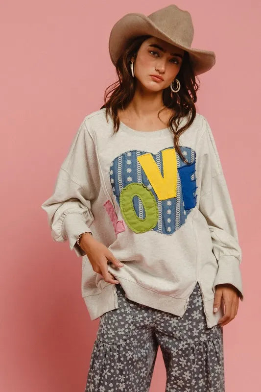 Image of BiBi LOVE Heart Patch Slit French Terry Sweatshirt | Queeble.shop