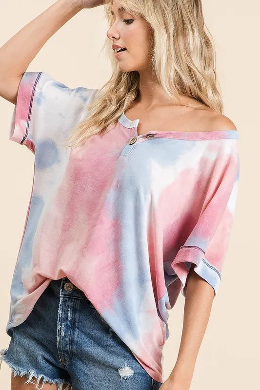 Image of BiBi Tie Dye French Terry Top With Buttoned Placket | Queeble.shop