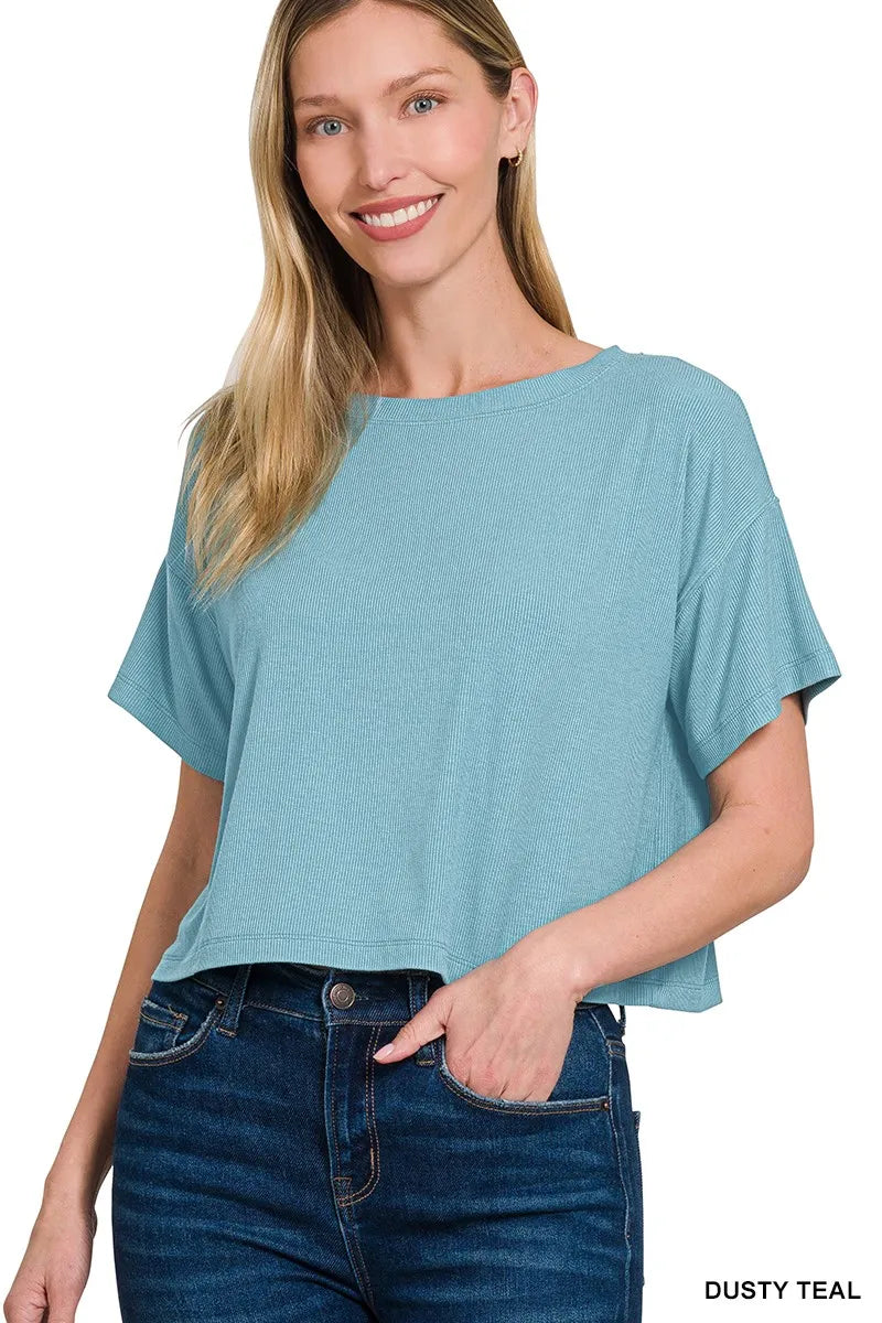 Image of Zenana Ribbed Round-Neck Crop T-Shirt | Queeble.shop