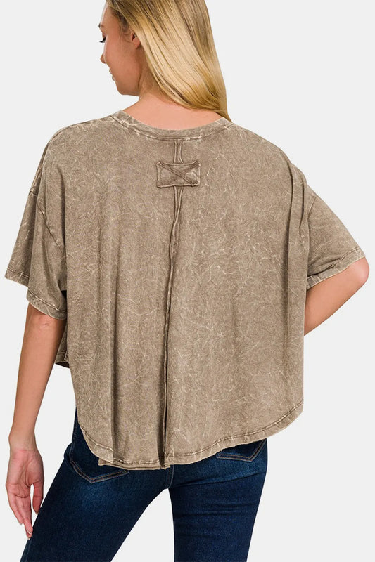 Image of Zenana Washed Round Neck Drop Shoulder Cropped T-Shirt | Queeble.shop
