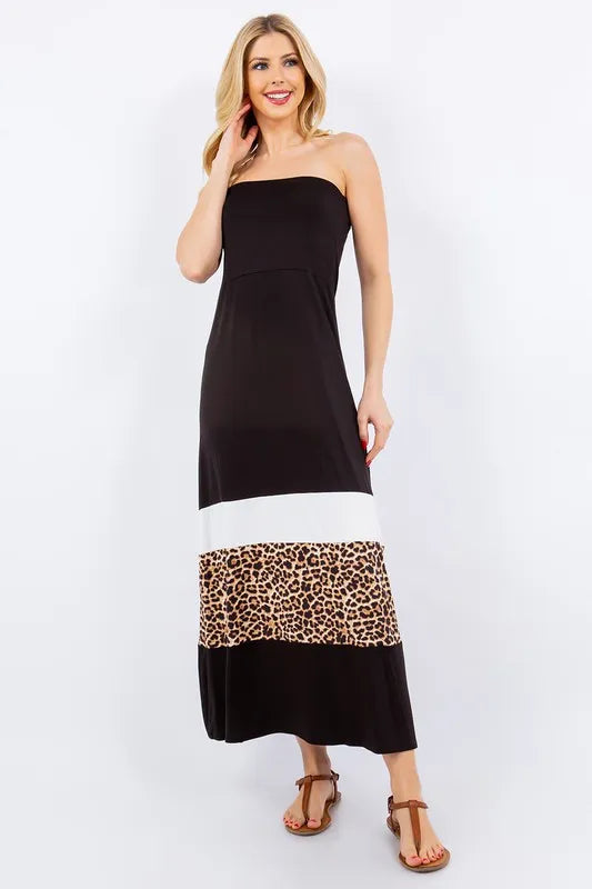 Image of Celeste Full Size Leopard Color Block Tube Maxi Dress Plus Size | Queeble.shop