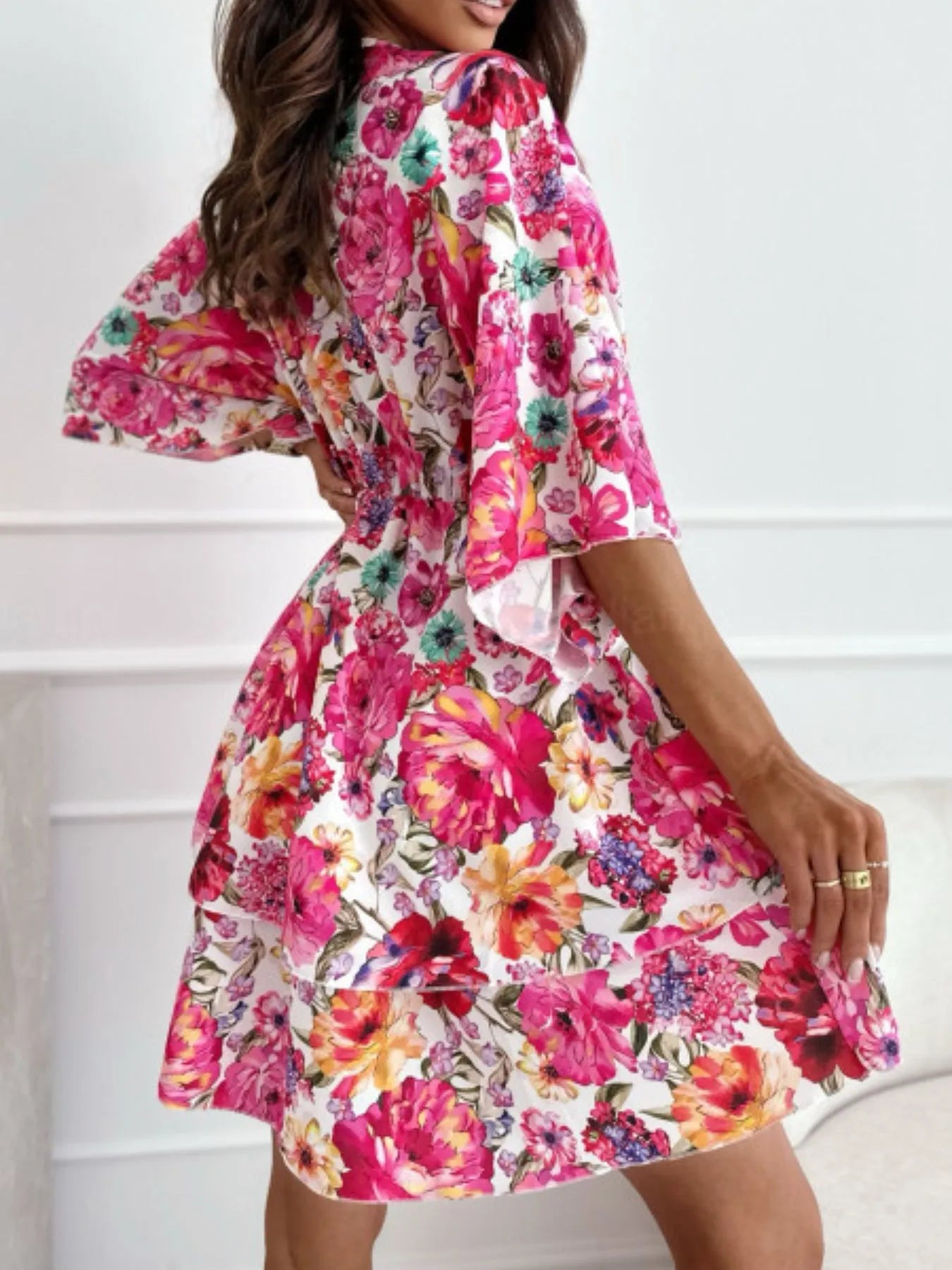 Image of Floral Print V-Neck Ruffle Mini Dress | Queeble.shop