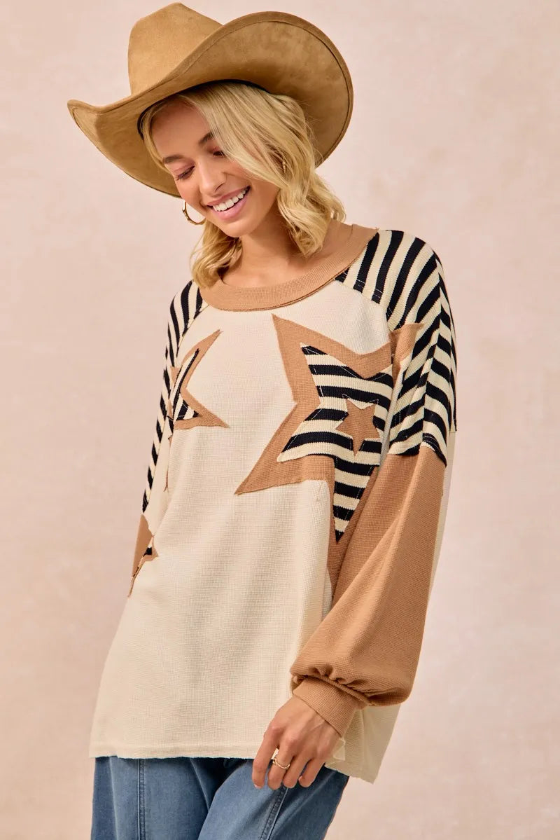 Image of BiBi Star Patchwork Mixed Long Sleeve Top | Queeble.shop