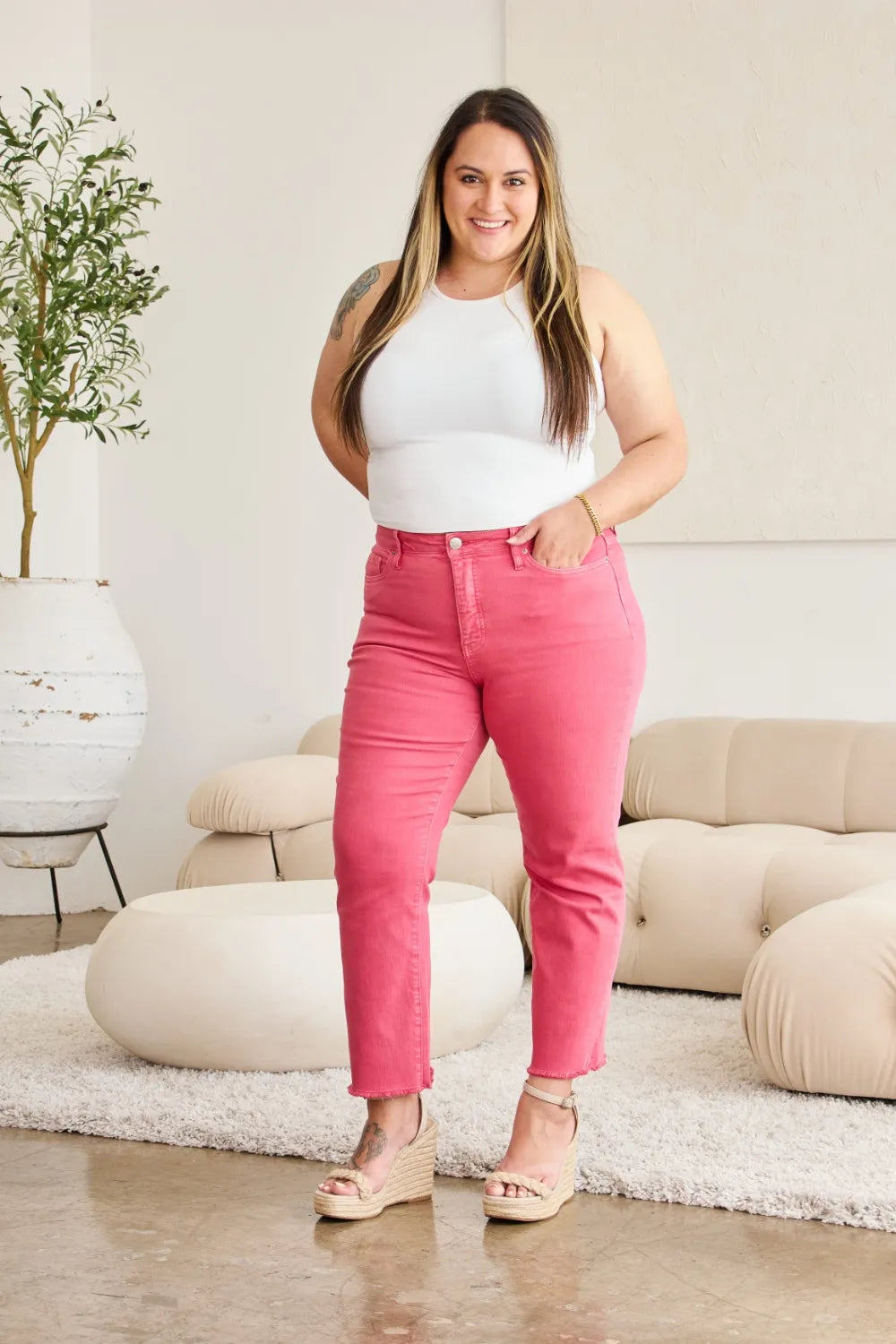 Image of RFM Crop Dylan Full Size Tummy Control High Waist Raw Hem Jeans | Queeble.shop