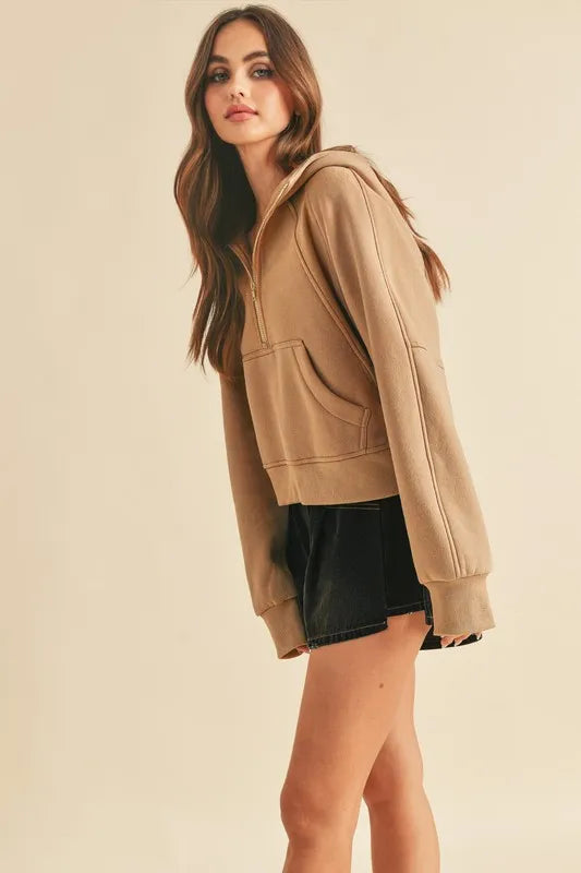 Image of Aemi + Co Half Zip Raglan Sleeve Hoodie with Kangaroo Pocket | Queeble.shop