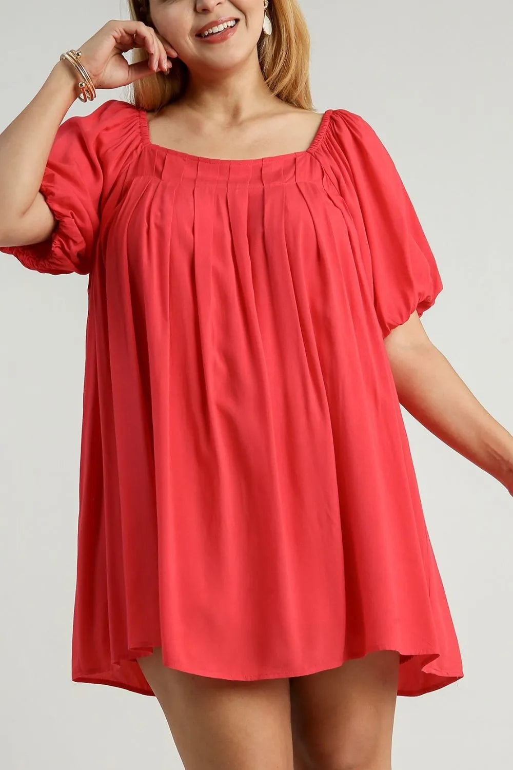 Image of Umgee Full Size Squared Neck Puff Sleeve Mini Dress Plus Size | Queeble.shop