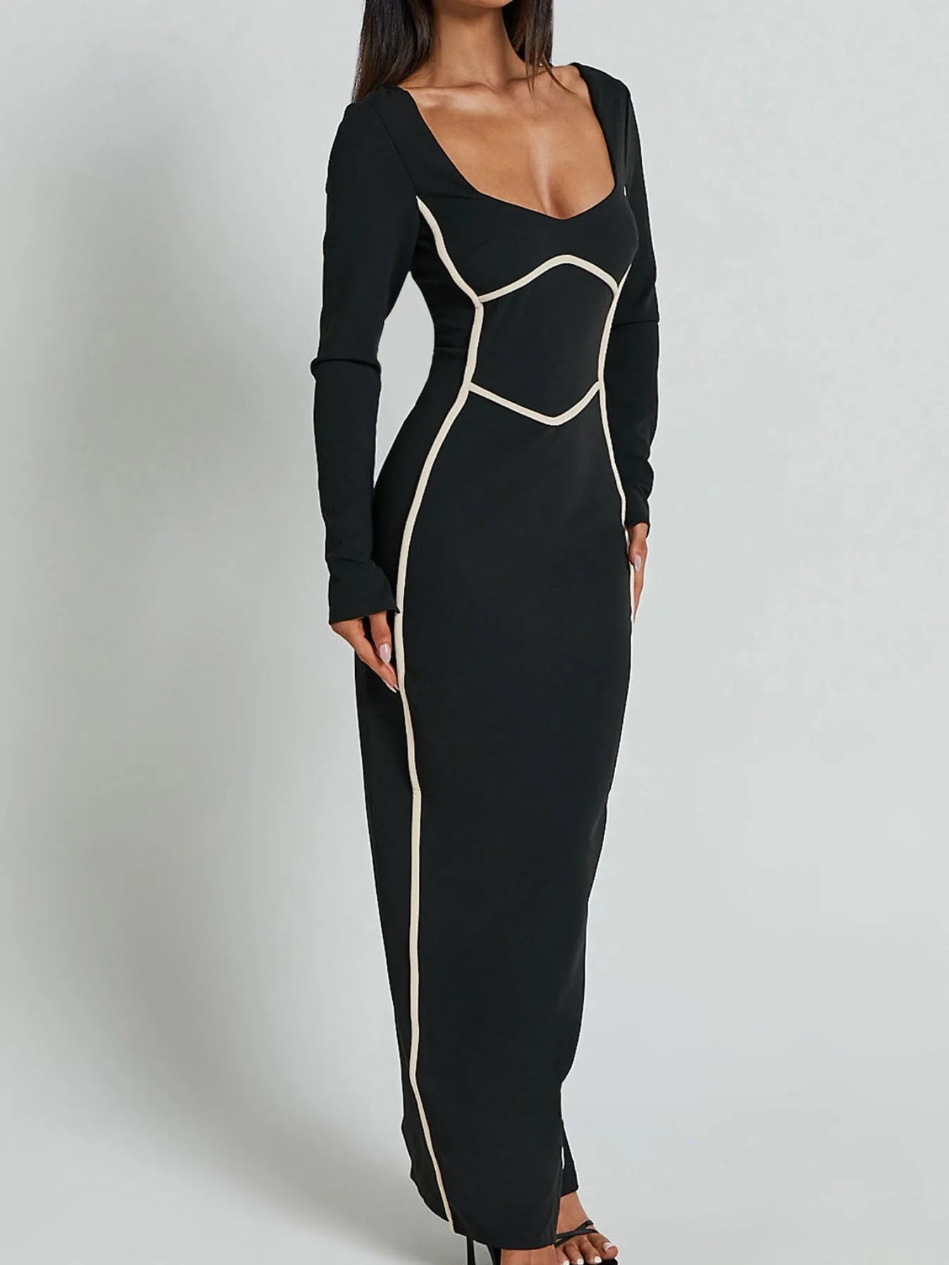 Image of Contrast Trim Long Sleeve Bodycon Maxi Dress | Queeble.shop