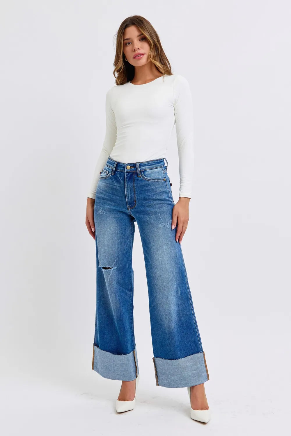 Image of Judy Blue Full Size Distressed High Waist Wide Leg Jeans | Queeble.shop