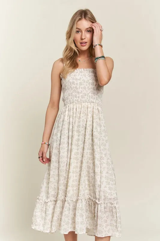 Image of ADORA Smocked Floral Ruffled Hem Cami Dress | Queeble.shop