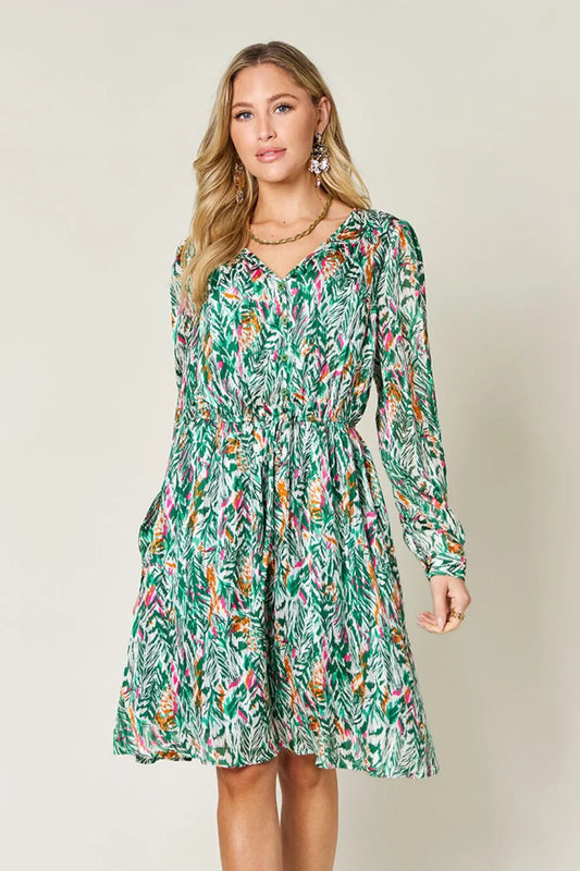 Image of Double Take Full Size Printed Drawstring Waist Long Sleeve Dress | Queeble.shop