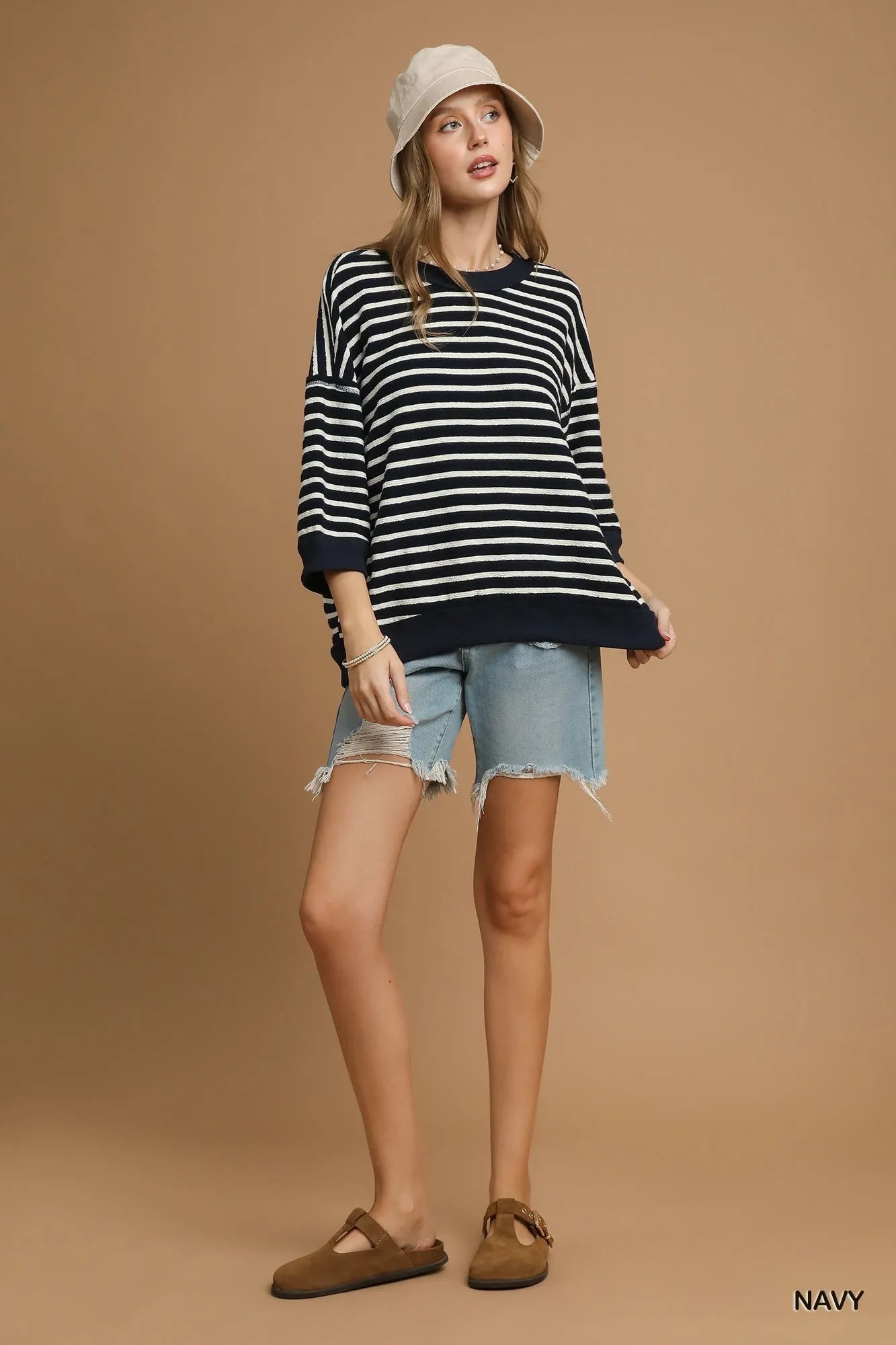 Image of Umgee Ribbed Hem Striped Oversized Knit Top | Queeble.shop