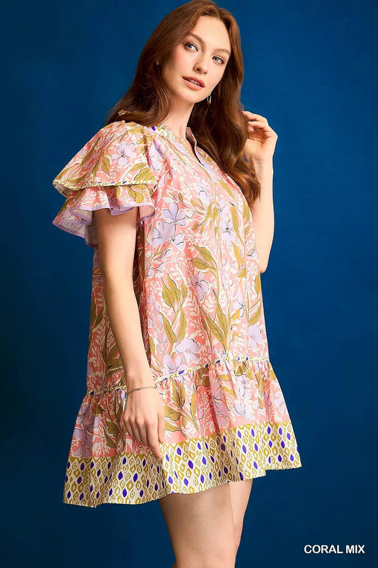 Image of Umgee Floral Ruffle-Sleeve Tunic Dress | Queeble.shop