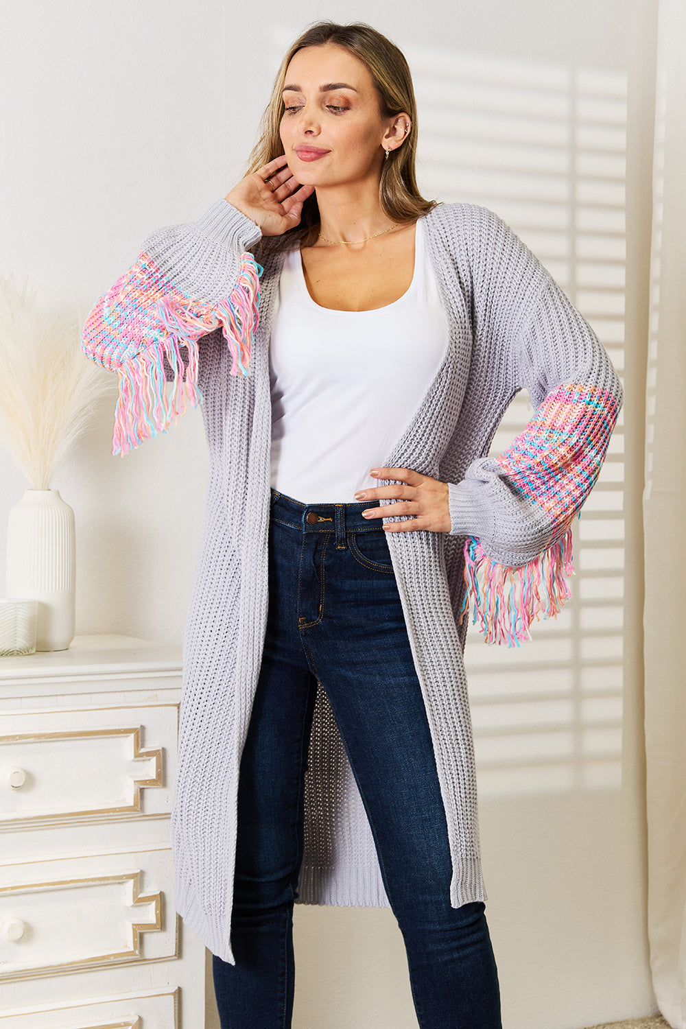 Image of Woven Right Fringe Sleeve Dropped Shoulder Cardigan | Queeble.shop