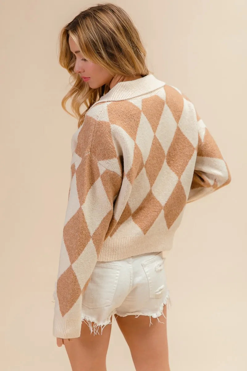 Image of BiBi Diamond Pattern Collared Notch Neck Sweater | Queeble.shop