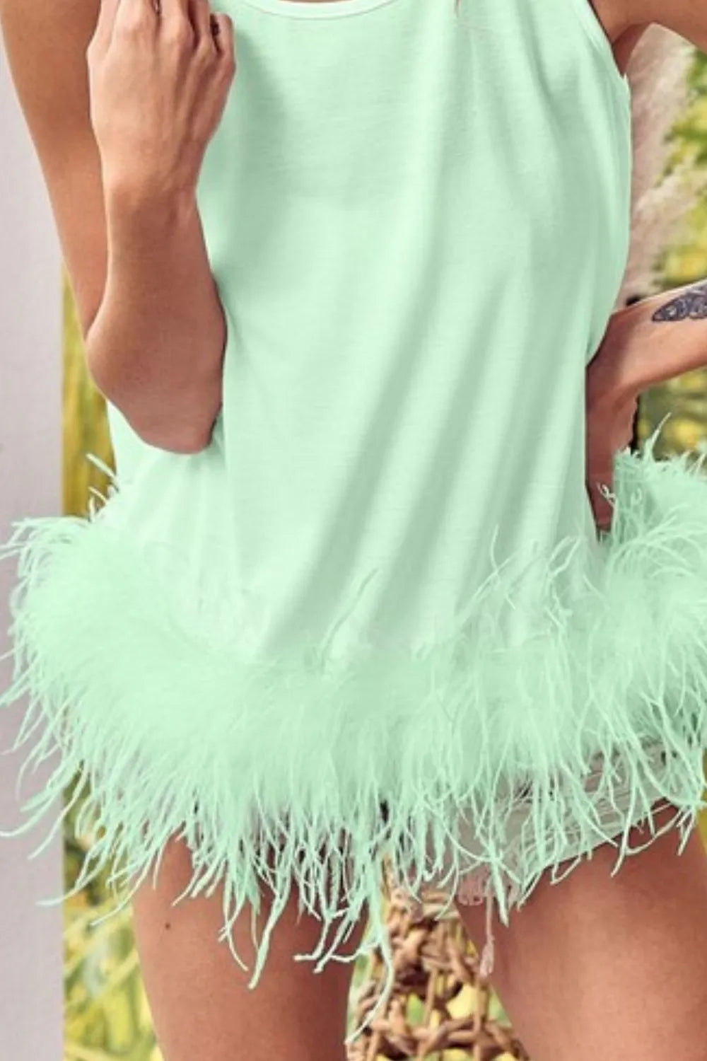 Image of BiBi French Terry Faux Feather Bottom Back Tied Top | Queeble.shop
