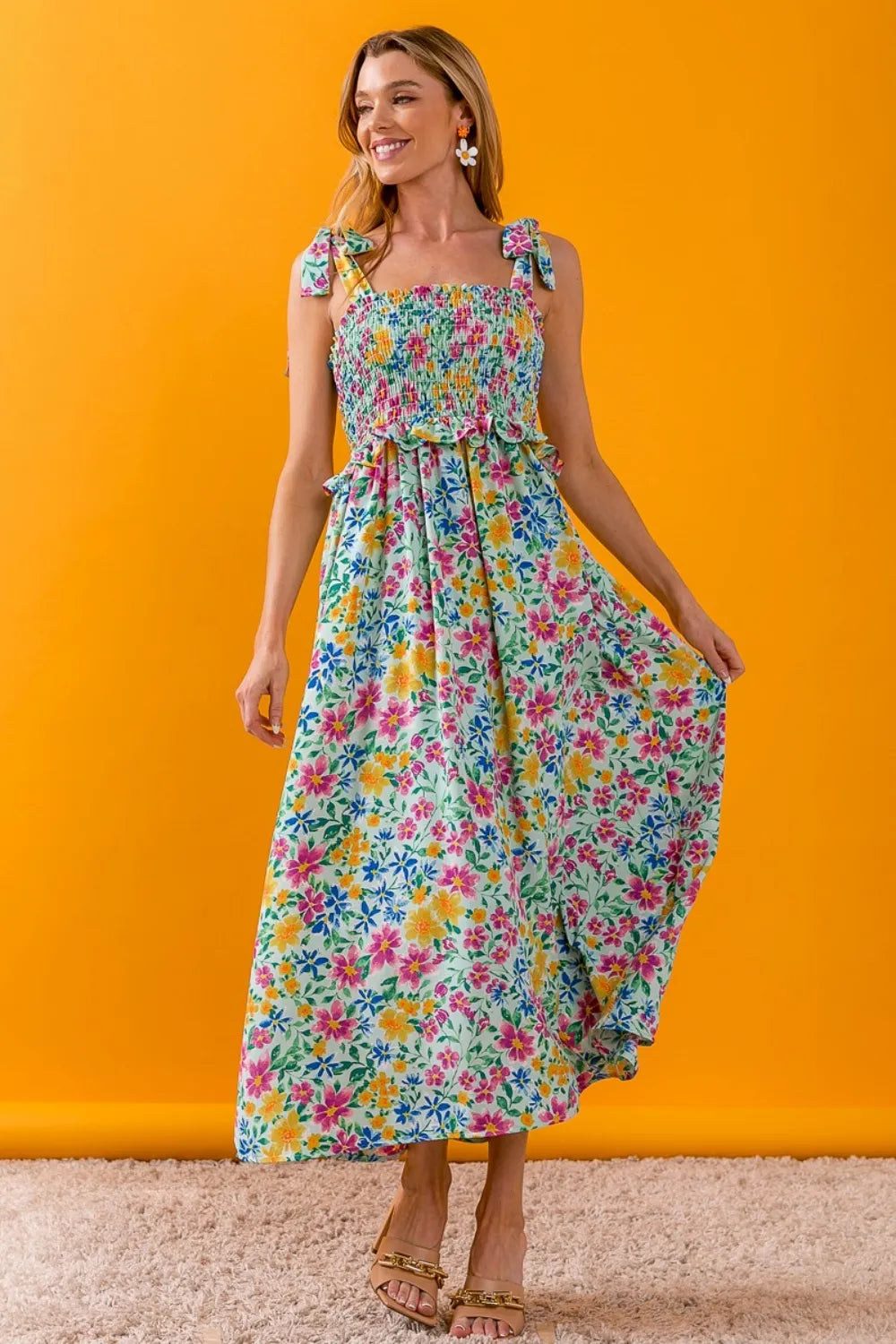 Image of BiBi Floral Ruffle Trim Smocked Cami Dress | Queeble.shop