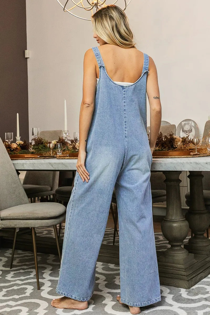 Image of BiBi Washed Denim Buttoned Overall Jumpsuit | Queeble.shop