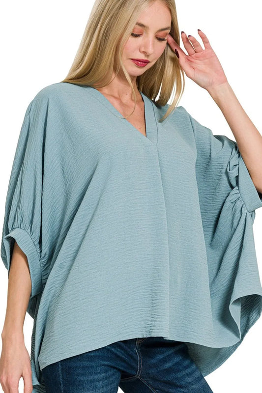 Image of Zenana Woven Airflow V-neck Puff Half Sleeve Top | Queeble.shop