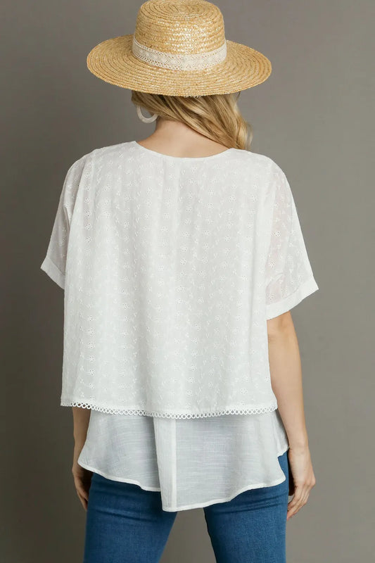 Image of Umgee Full Size Eyelet Layered Short Sleeve Blouse Plus Size | Queeble.shop