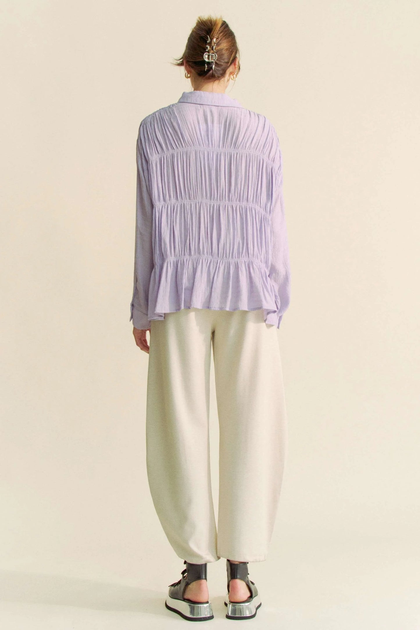 Image of Davi & Dani Ruched All Over Button Front Shirt | Queeble.shop