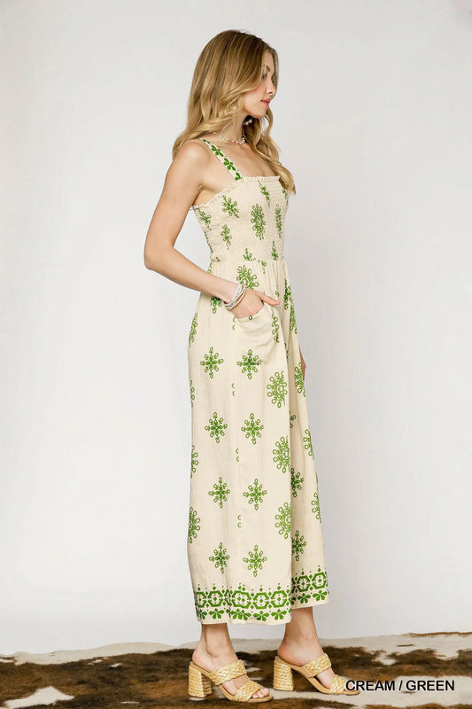 Image of Umgee Smocked Printed Wide Leg Jumpsuit | Queeble.shop