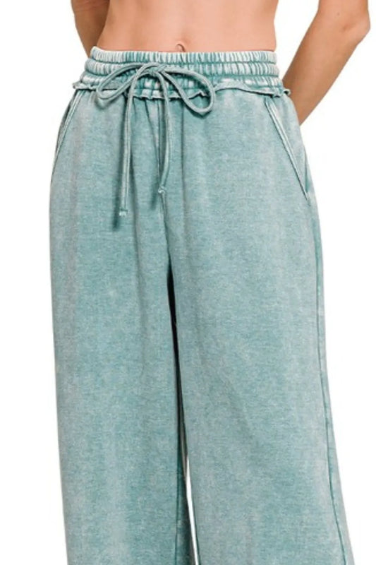 Image of Zenana Acid Wash Fleece Palazzo Sweatpants with Pockets | Queeble.shop