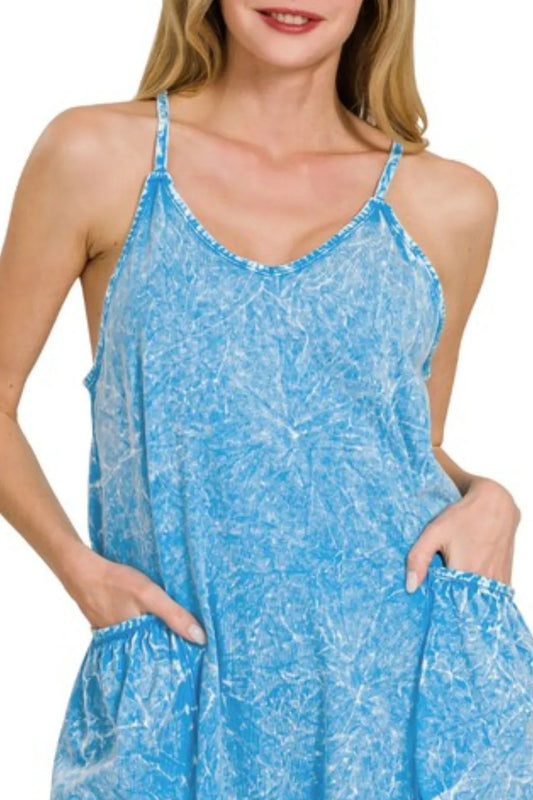 Image of Zenana Acid Crinkle Washed Spaghetti Strap Romper | Queeble.shop