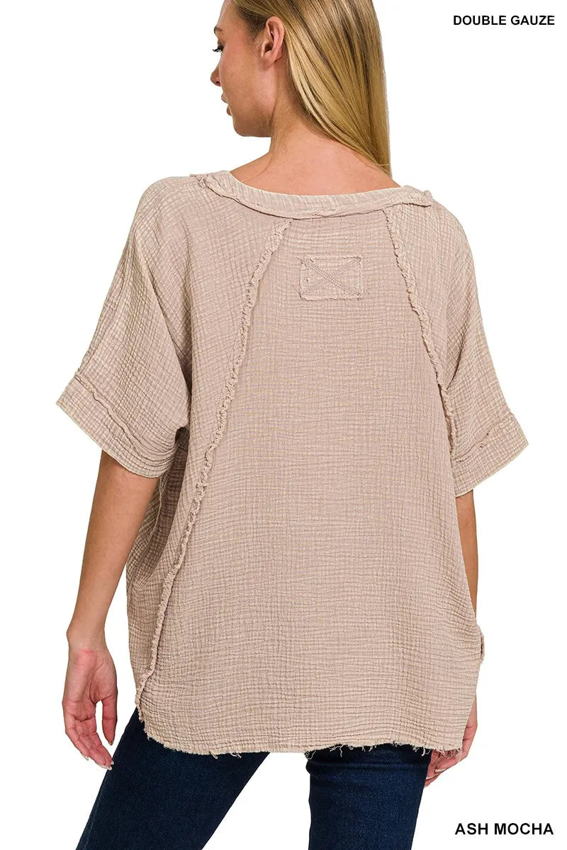 Image of Zenana Washed Double Gauze Exposed Seam Short Sleeve Top | Queeble.shop