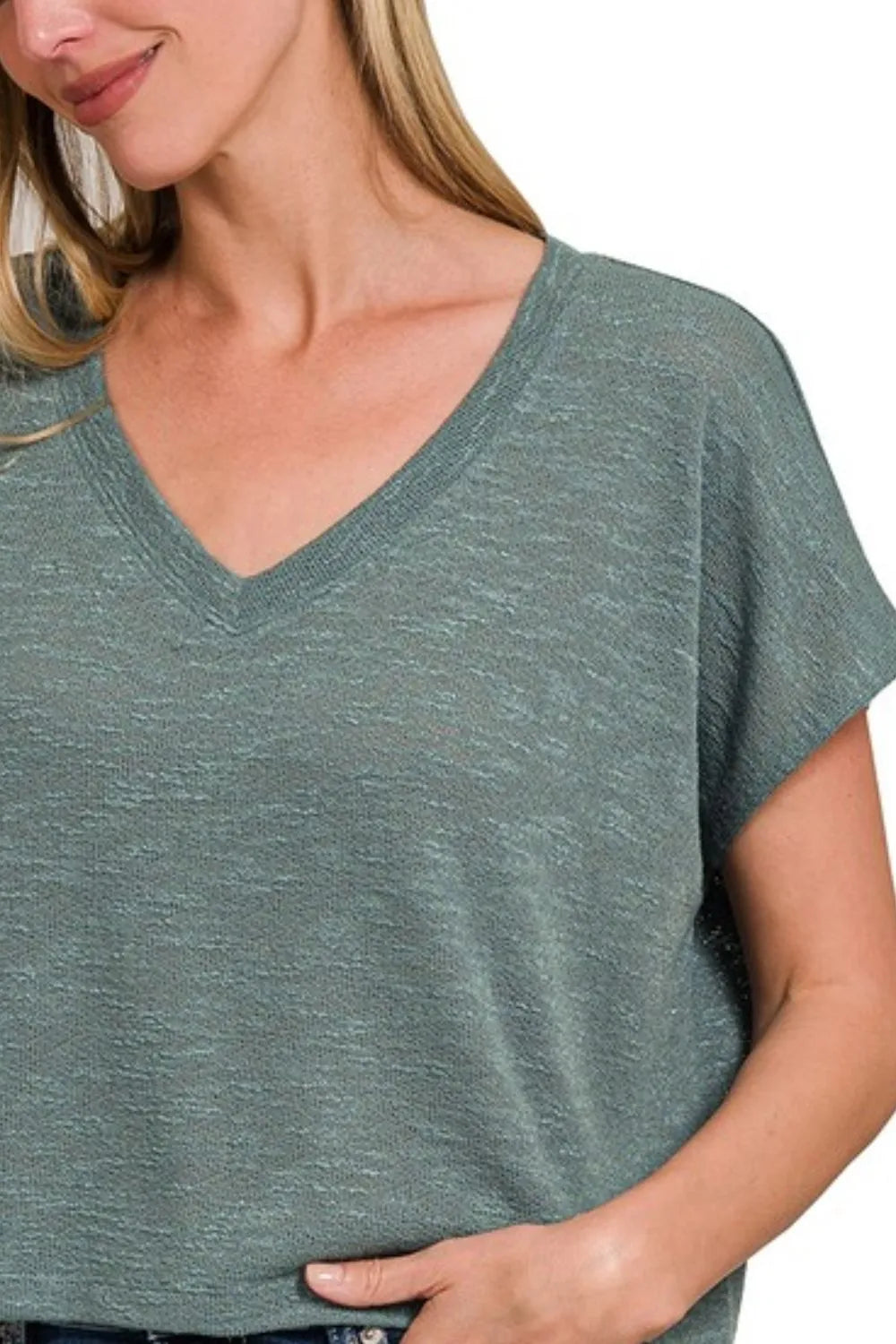 Image of Zenana Hacci Slub V-neck Drop Shoulder Crop Top | Queeble.shop