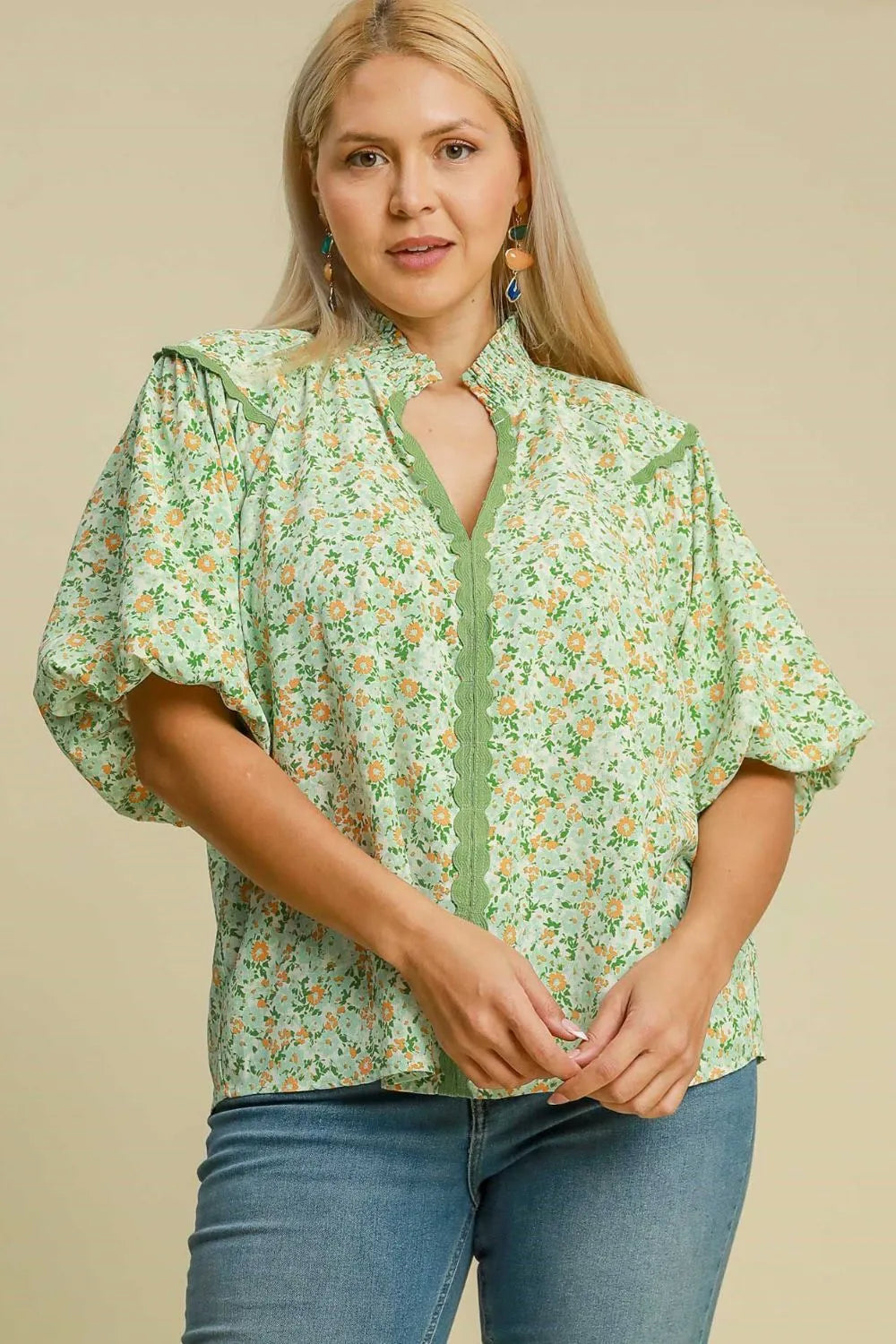 Image of Umgee Full Size Floral Print Puff Sleeve Top Plus Size | Queeble.shop