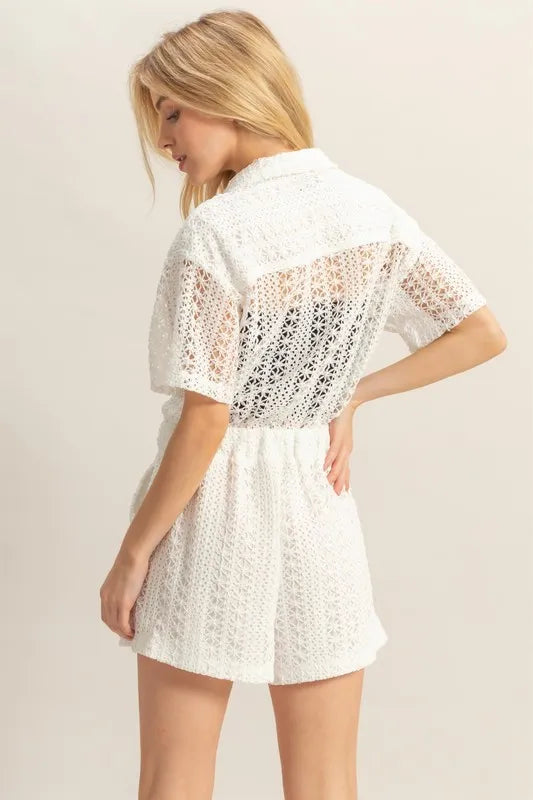 Image of HYFVE Crochet Button Front Short Sleeve Romper | Queeble.shop