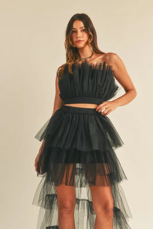 Image of MABLE Tulle Tube Ruffle Crop Top and High Low Maxi Skirt Set | Queeble.shop