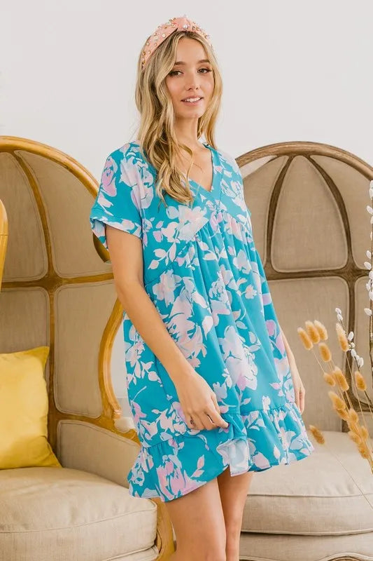 Image of BiBi Floral Crinkle Shirred Ruffle Detail V Neck Dress | Queeble.shop