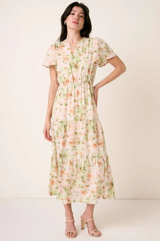 Image of Mittoshop Flower Print Flutter Sleeve V Slit Maxi Dress | Queeble.shop