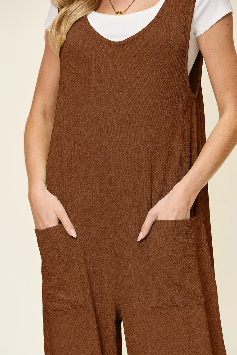 Image of Double Take Full Size Texture Sleeveless Wide Leg Jumpsuit | Queeble.shop