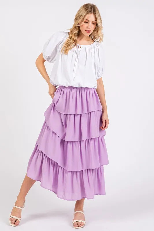 Image of Mittoshop Chiffon Ruffle Layer Elastic Waist Midi Skirt | Queeble.shop