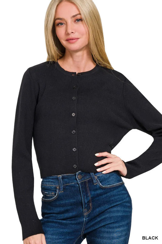 Image of Zenana Button-Front Crewneck Long Sleeve Cropped Cardigan | Queeble.shop