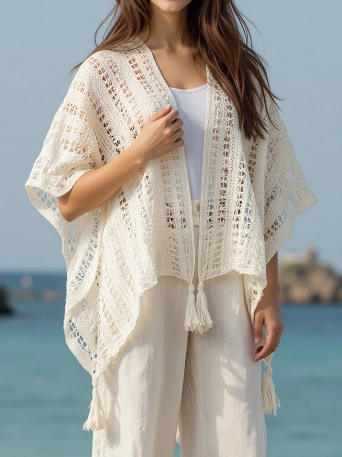Image of Openwork Tassel Open Front Knit Cover Up | Queeble.shop
