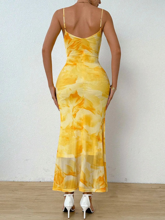 Image of Tie-Dye Ruched Bodycon Mesh Cami Maxi Dress | Queeble.shop