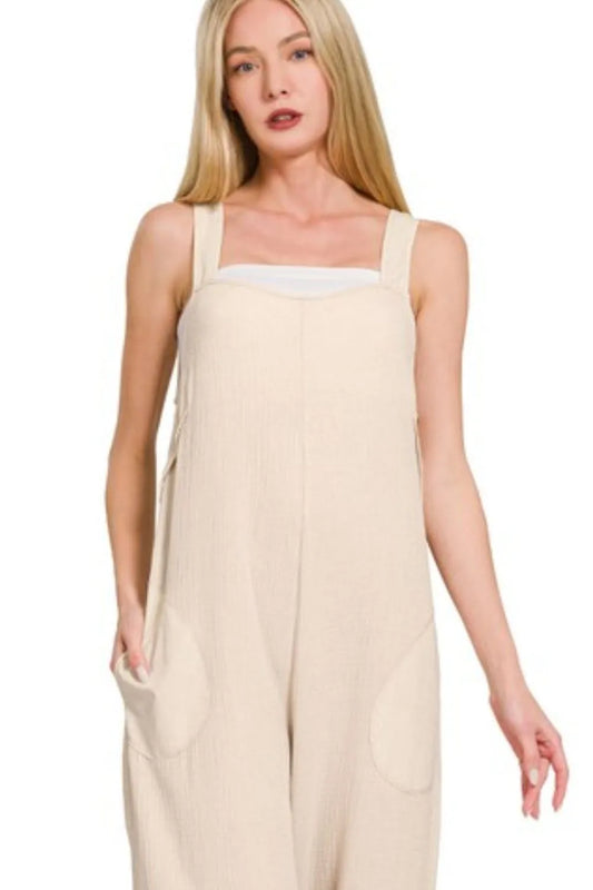 Image of Zenana Double Gauze Washed Wide Leg Overalls | Queeble.shop