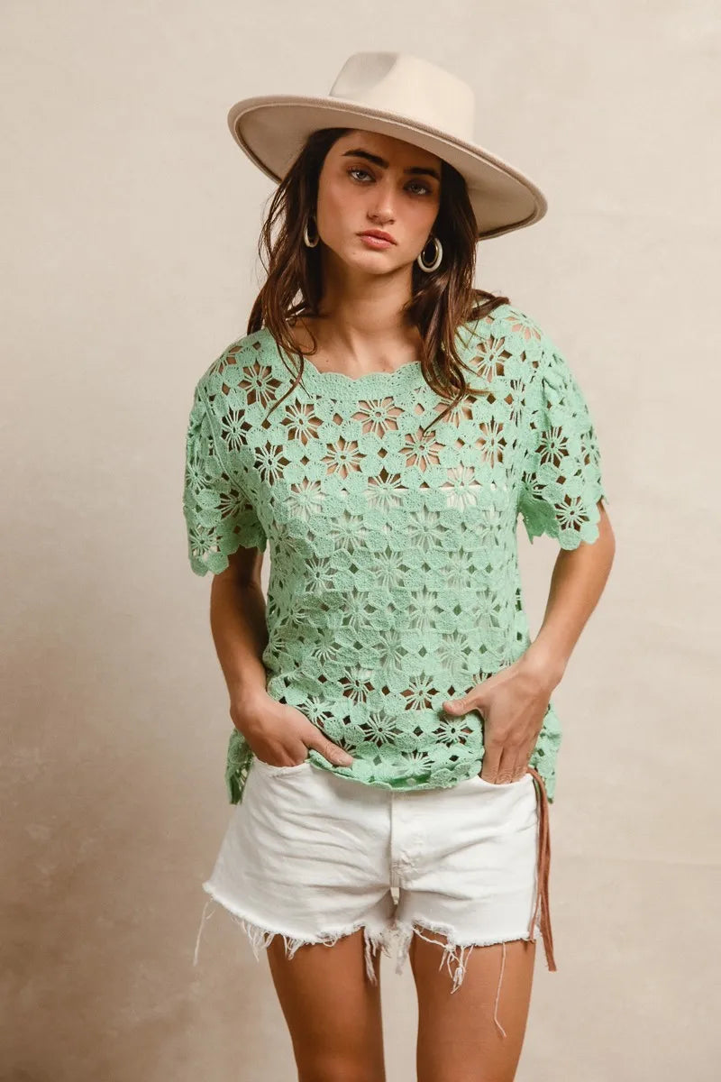 Image of BiBi Openwork Crochet Short Sleeve Knit Top | Queeble.shop