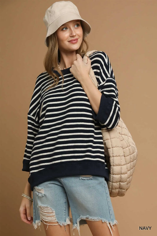Image of Umgee Ribbed Hem Striped Oversized Knit Top | Queeble.shop