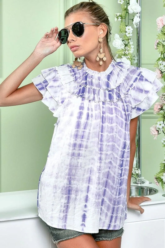 Image of BiBi Tiered Ruffle Neck Tie Dye Top | Queeble.shop