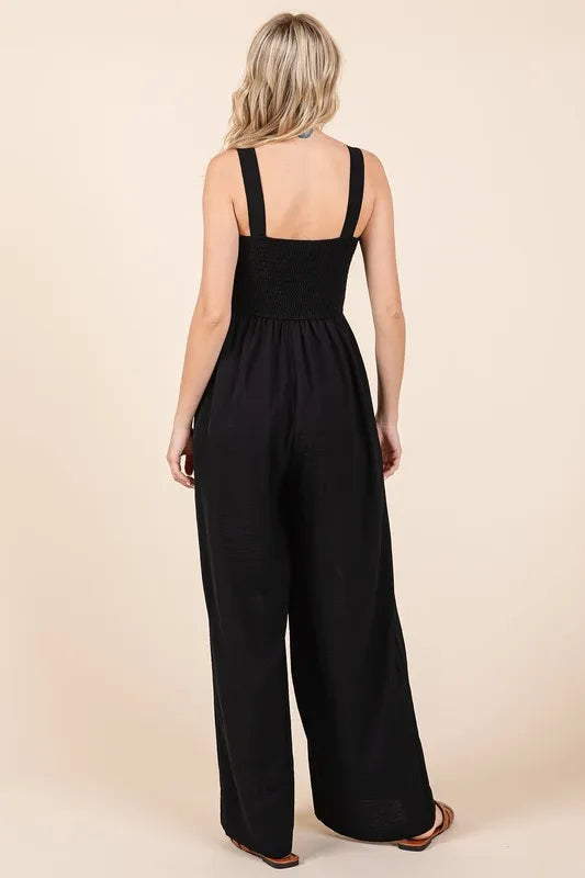 Image of Mittoshop Smocked Wide Strap Wide Leg Overalls | Queeble.shop