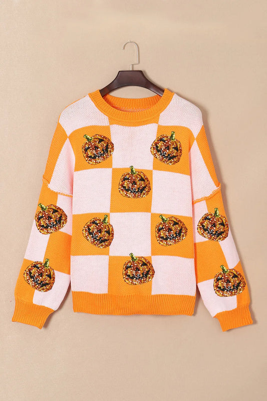 Image of Pumpkin Checkered Round Neck Long Sleeve Sweater | Queeble.shop