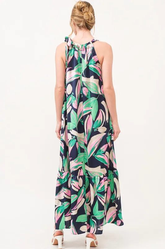 Image of And The Why Botanical Printed Halterneck Tiered Maxi Dress | Queeble.shop