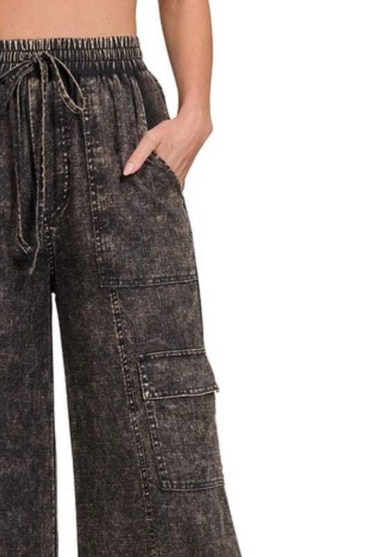 Image of Zenana Washed Linen Elastic Band Waist Cargo Pants | Queeble.shop