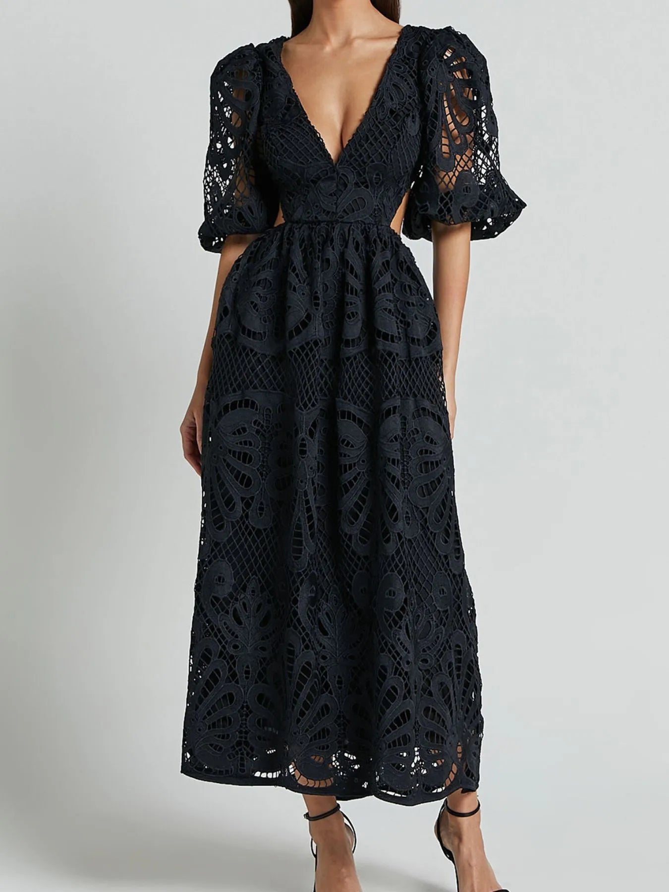 Image of Cutout Back Lace Crochet V-Neck Dress | Queeble.shop