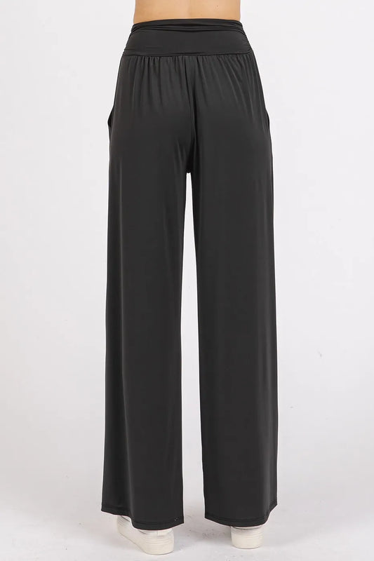 Image of Mittoshop Stretch Banded Waist Wide Leg Pants with Pockets | Queeble.shop