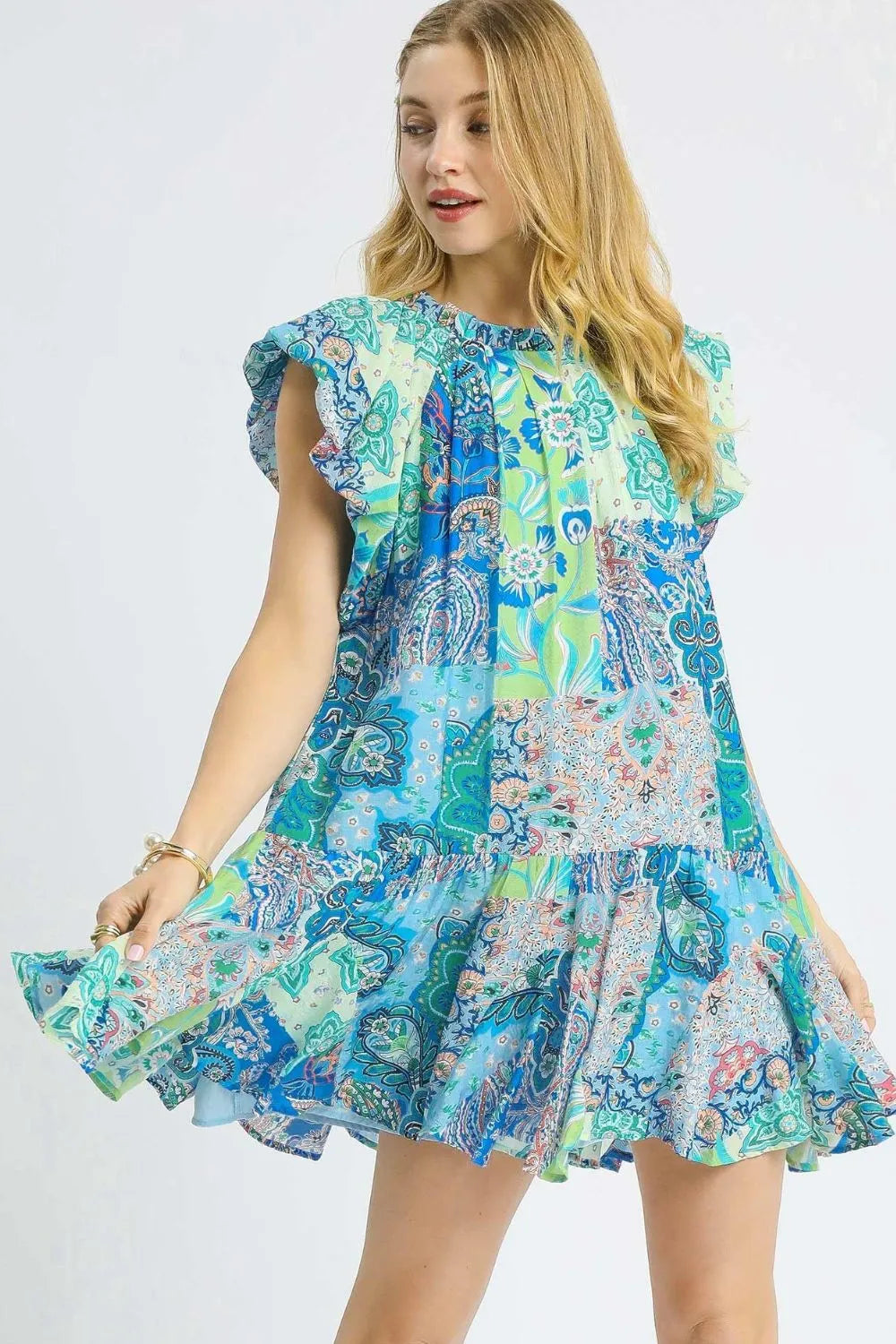Image of Umgee Printed Ruffle Cap Sleeve Mini Dress | Queeble.shop